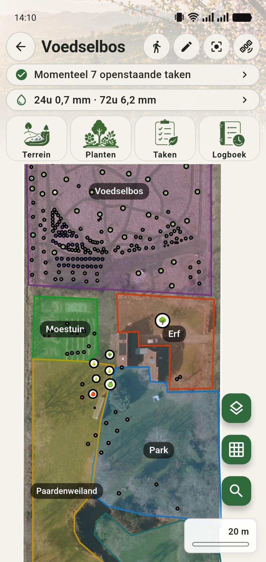 GreenPlot overzicht met gebieden en zones op luchtfoto