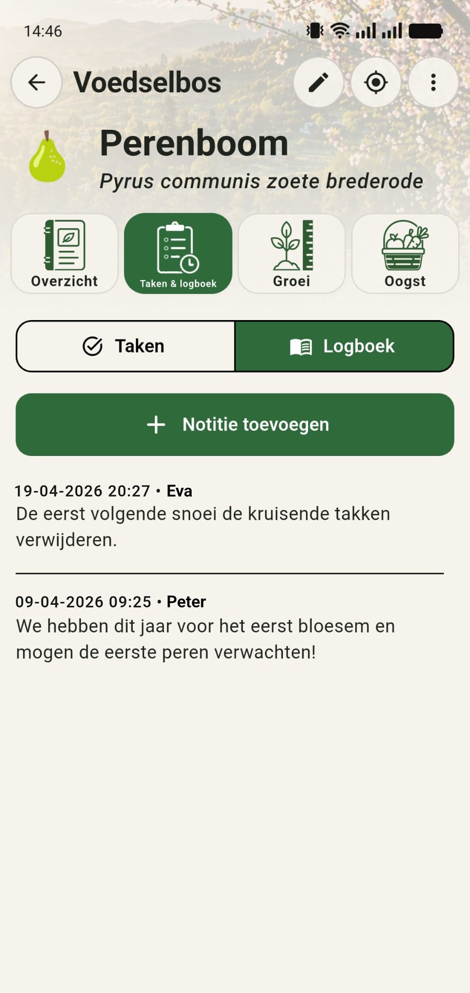 Plantlogboek in GreenPlot met notities en historie
