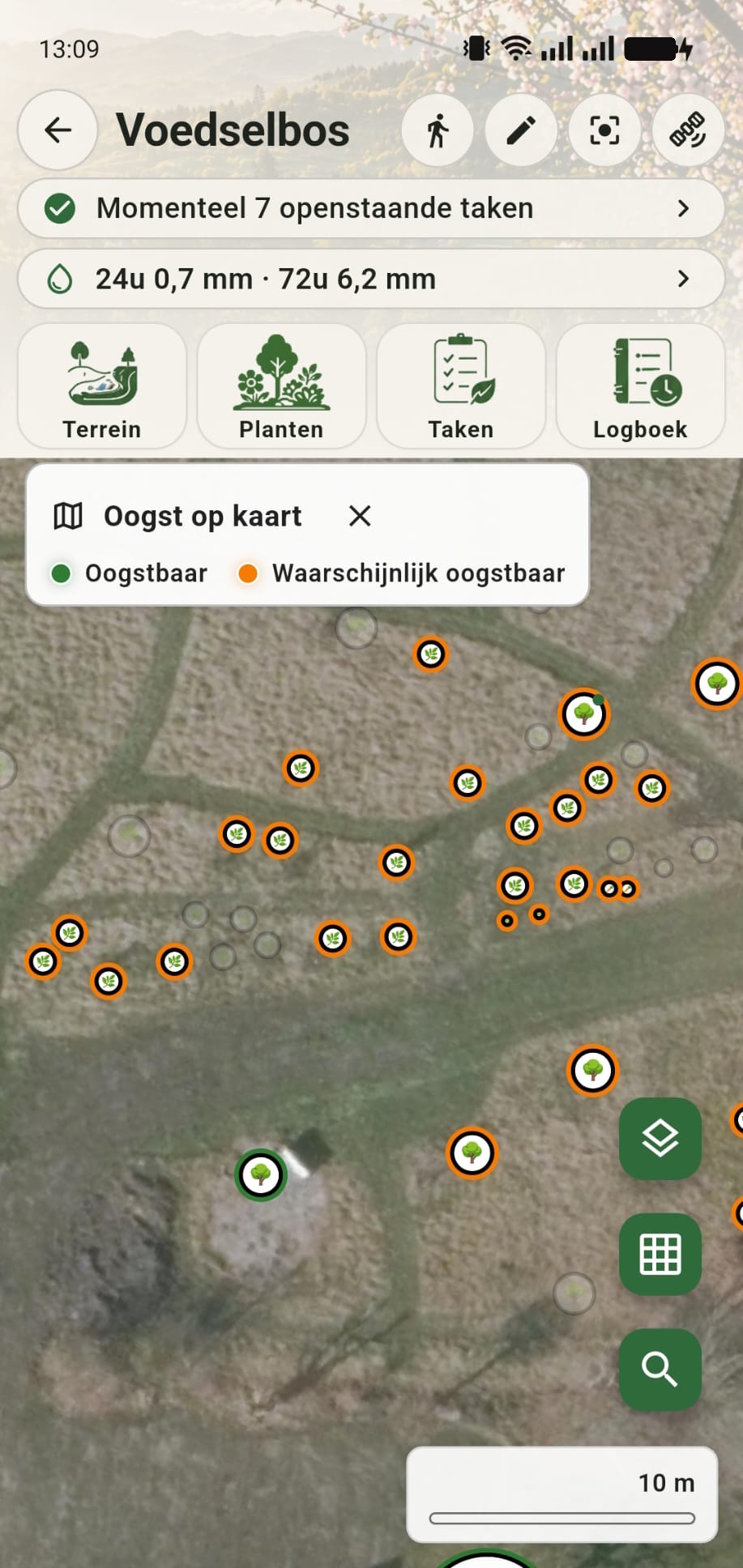 GreenPlot kaart waarop oogstbare en waarschijnlijk oogstbare planten zijn gemarkeerd