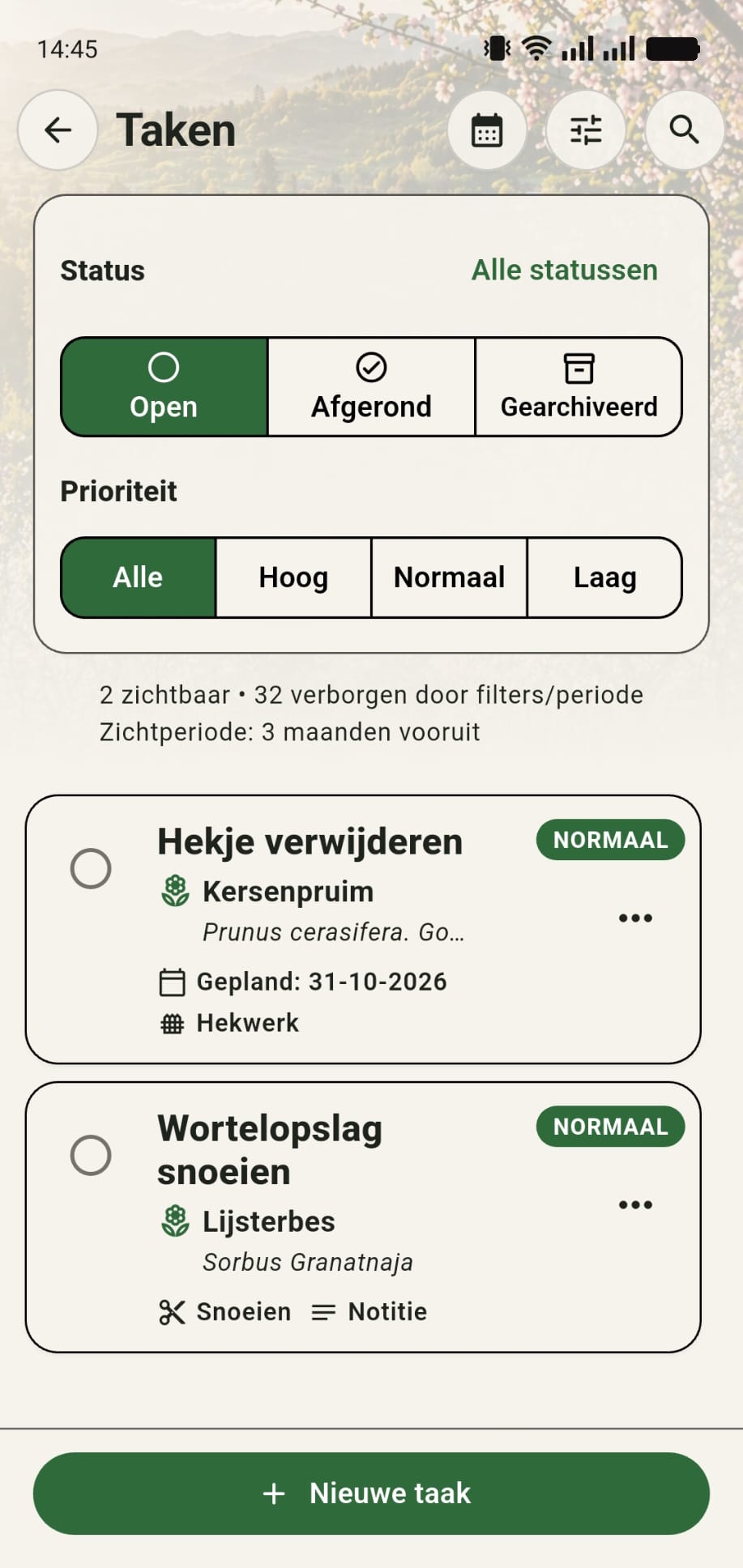 Takenoverzicht in GreenPlot met open taken en filters