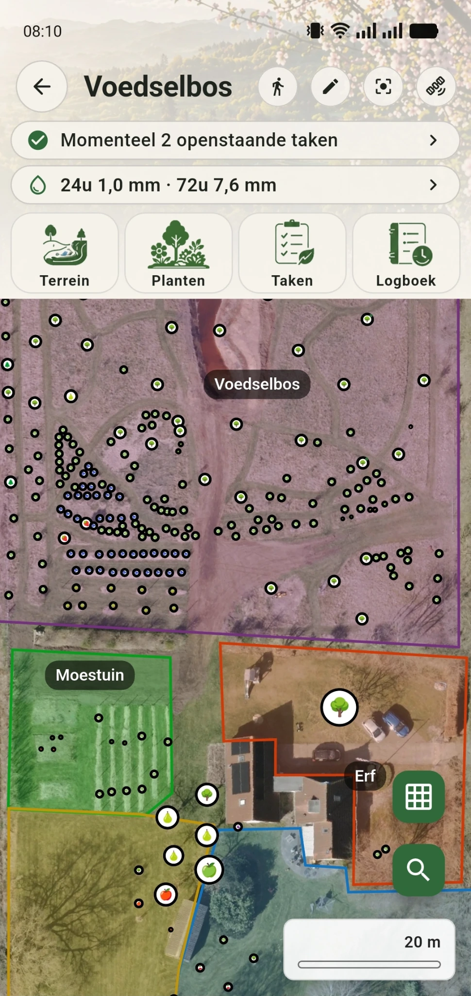 GreenPlot terreinkaart met luchtfoto, ingetekende planten en gekleurde gebieden