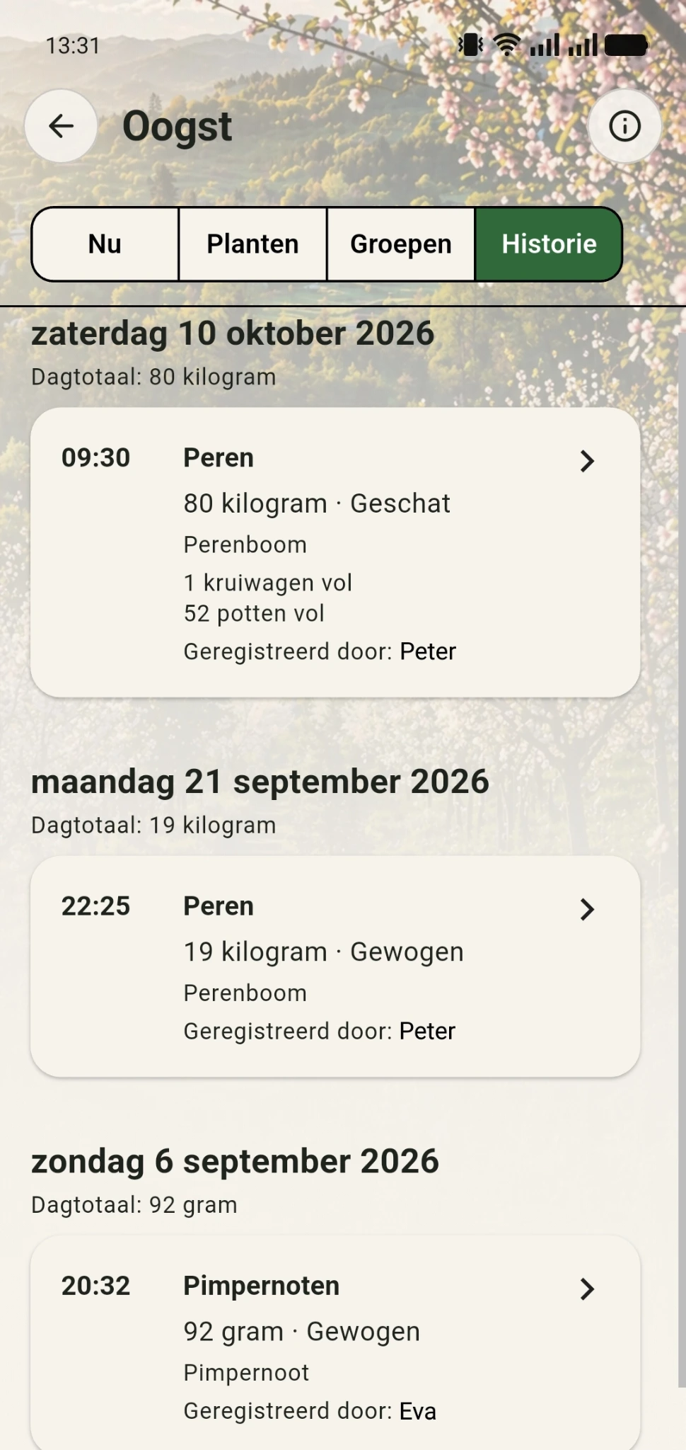 Oogsthistorie in GreenPlot met eerdere oogstregistraties per dag