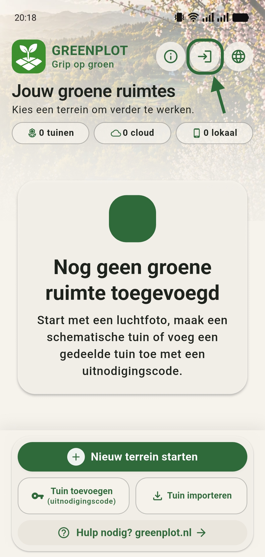 Leeg GreenPlot homescreen met de accountknop bovenin gemarkeerd