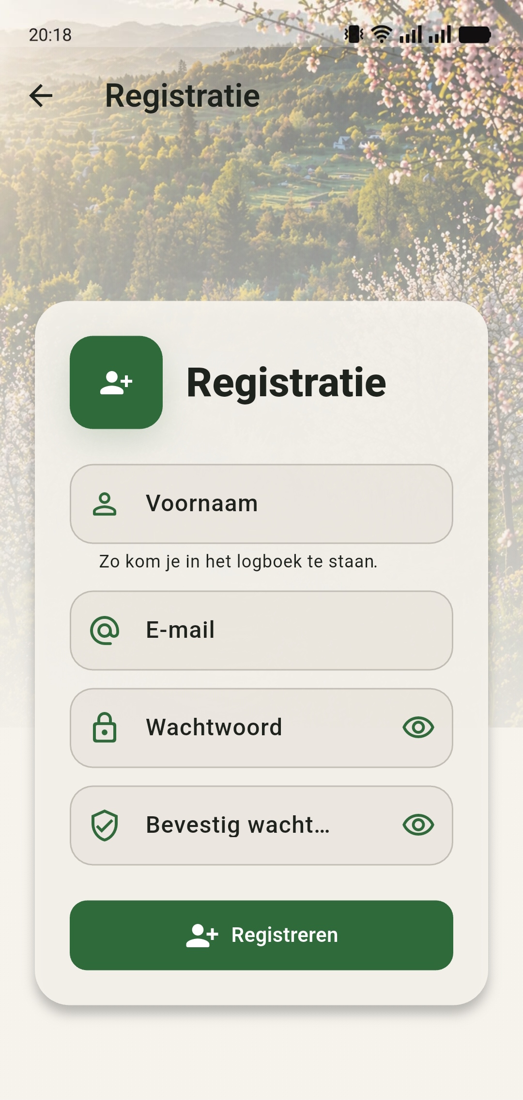 Registratiescherm van GreenPlot met velden voor voornaam, e-mailadres en wachtwoord