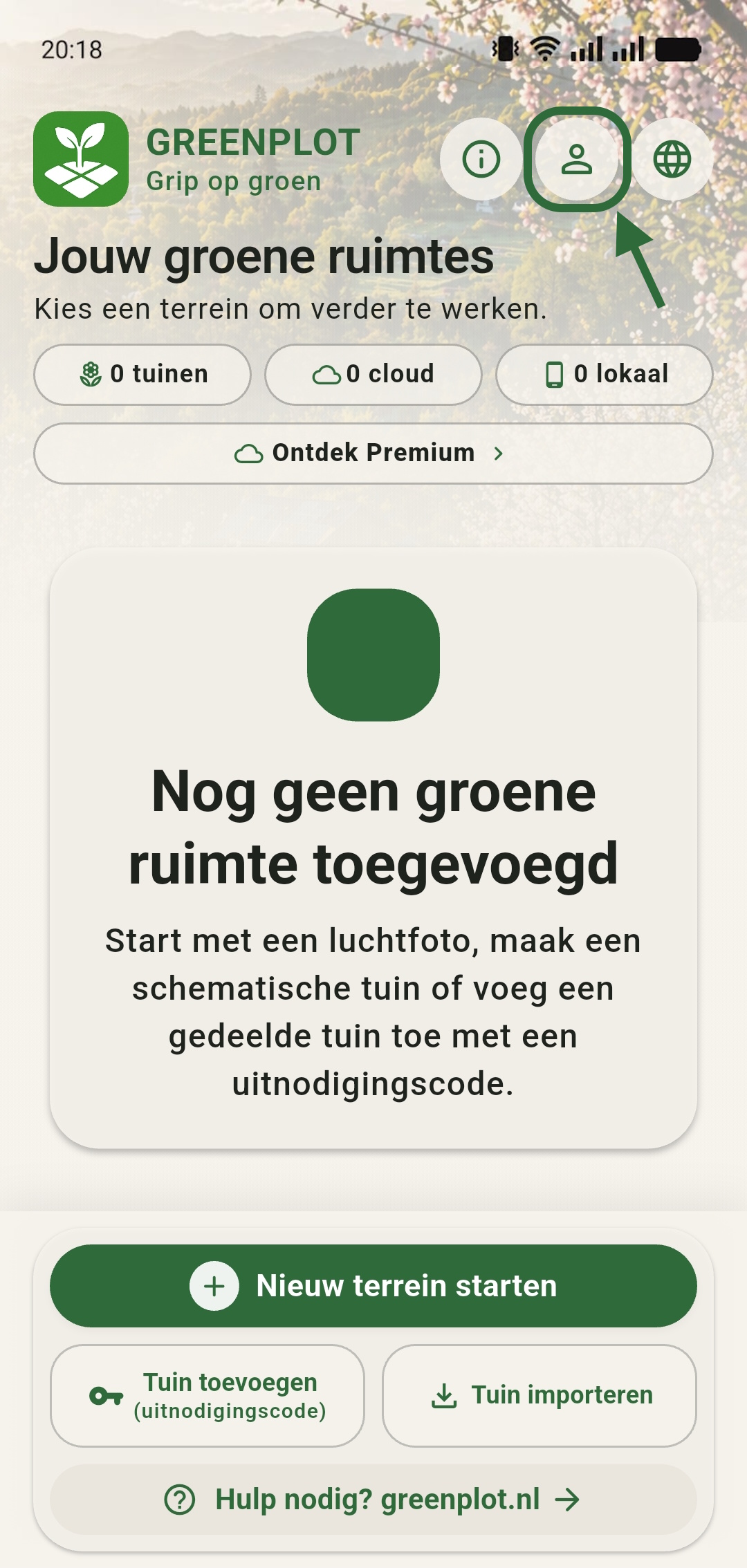 GreenPlot homescreen na inloggen met de accountknop bovenin gemarkeerd