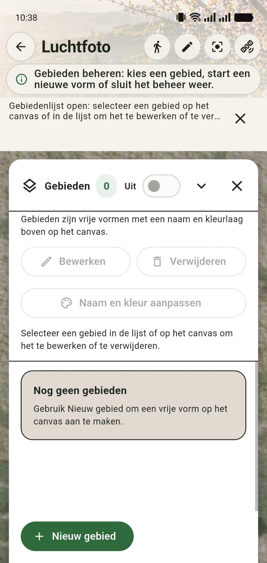Leeg GreenPlot gebiedenmenu met de knop Nieuw gebied linksonder