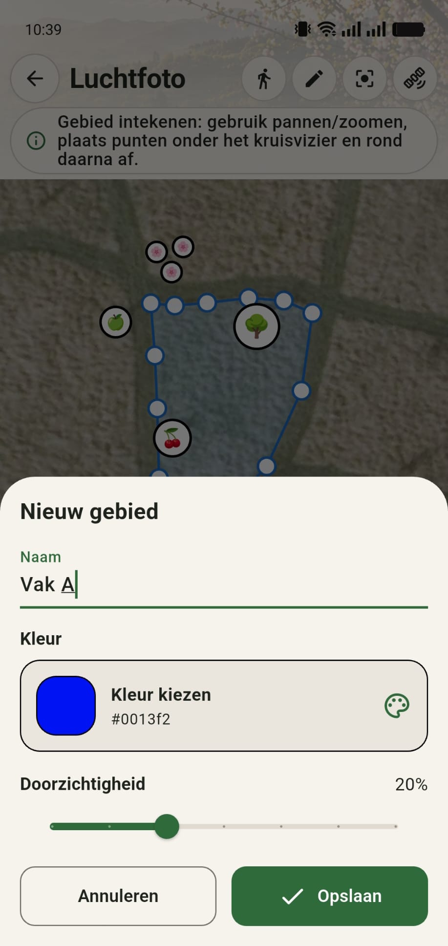 GreenPlot menu waarin een gebied een naam, kleur en transparantie krijgt