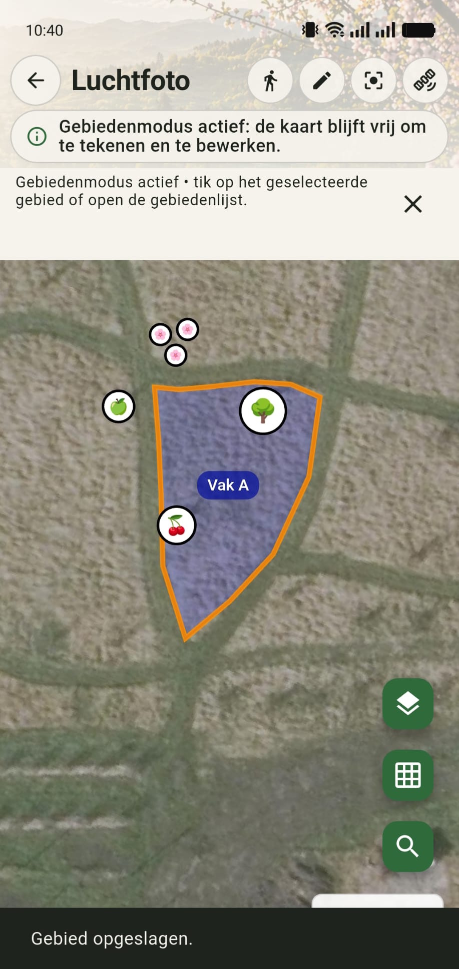 GreenPlot canvas met een opgeslagen gebied terwijl de gebiedenmodus actief is