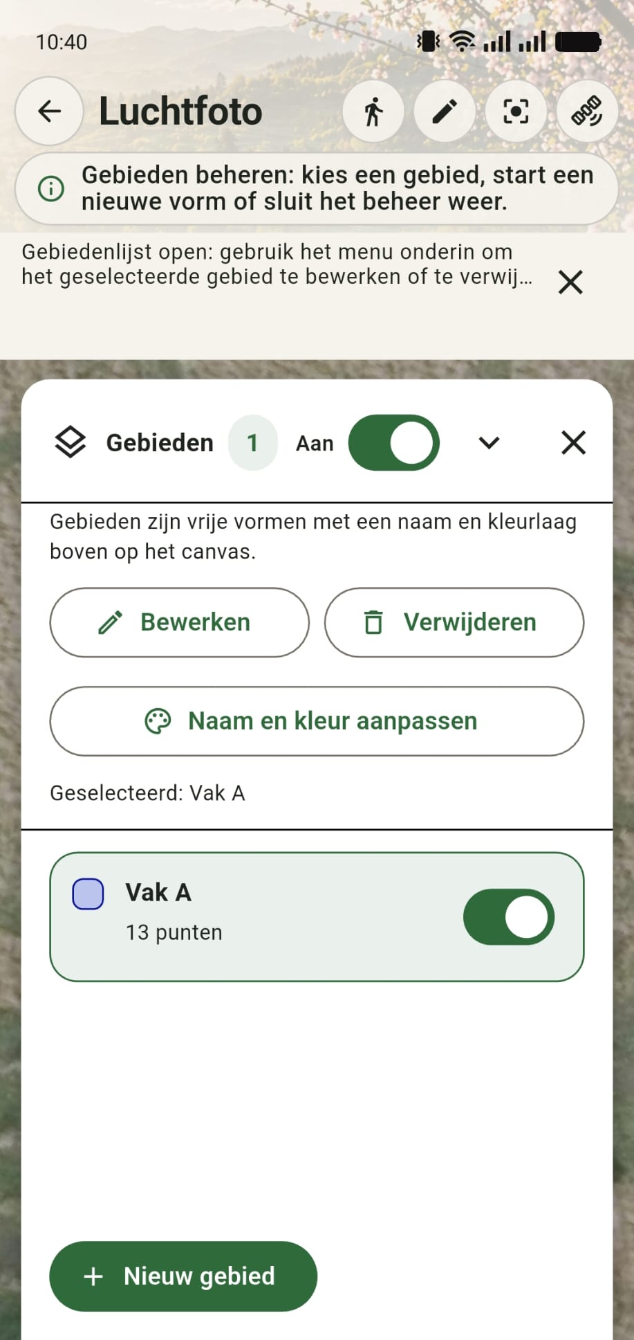GreenPlot gebiedenmenu met toggles om gebieden aan of uit te zetten en opties om gebieden aan te passen