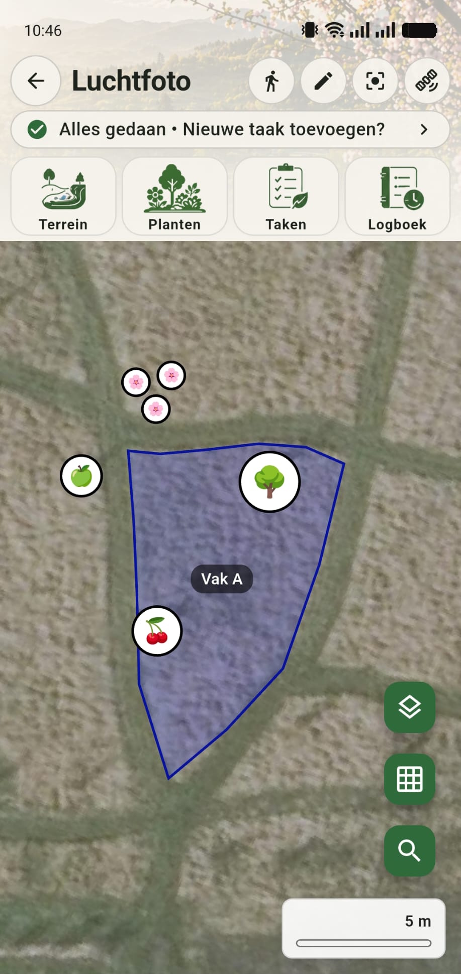 GreenPlot-canvas met een ingetekend gebied en planten die binnen het gebied vallen