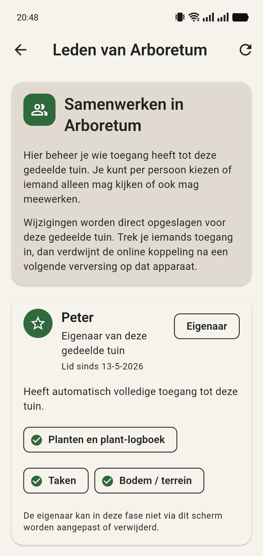 Ledenbeheerpanel van GreenPlot Cloud met deelnemers en hun rechten