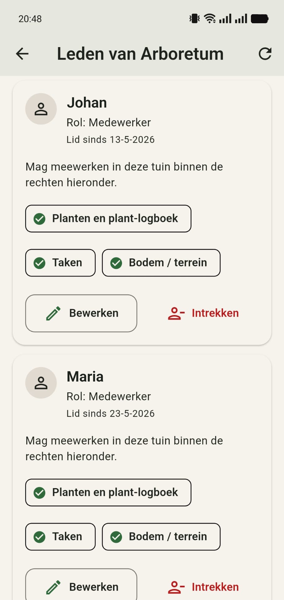 Onderste deel van het ledenbeheer met Johan en Maria als medewerker en een optie om rechten in te trekken