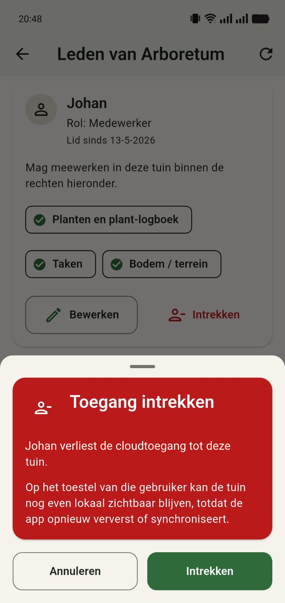 Bevestigingsscherm voor het intrekken van toegang tot een tuin