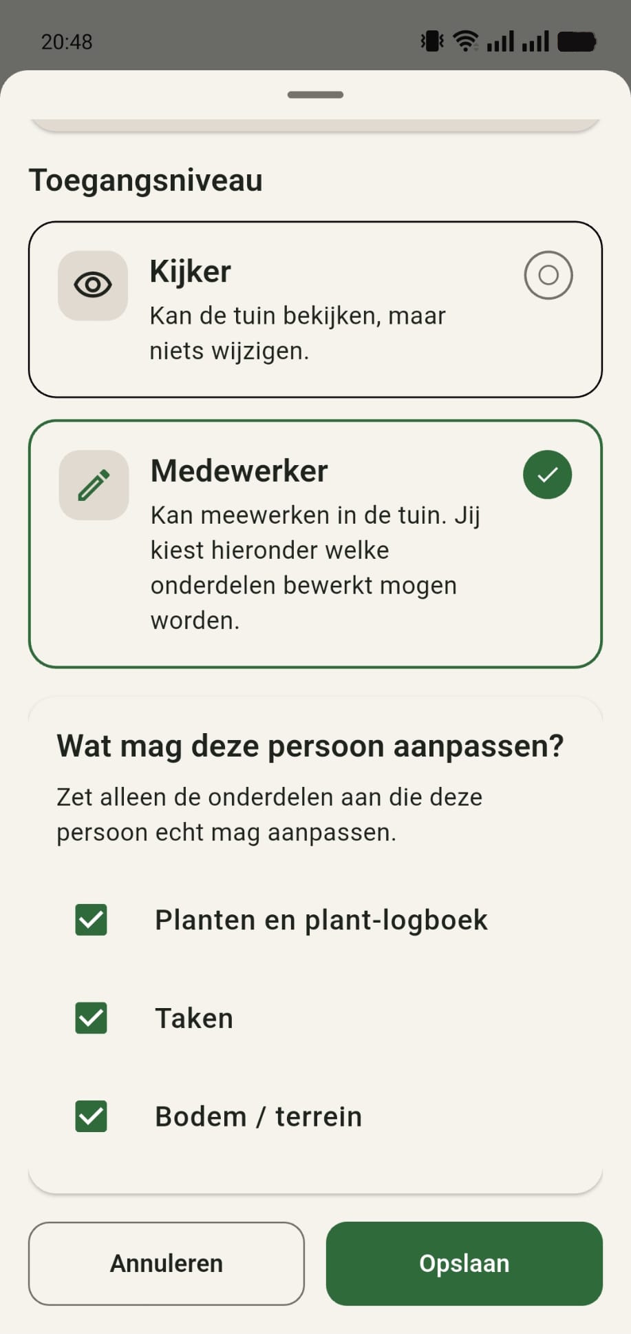 Scherm waarin rechten per onderdeel kunnen worden ingesteld en opgeslagen