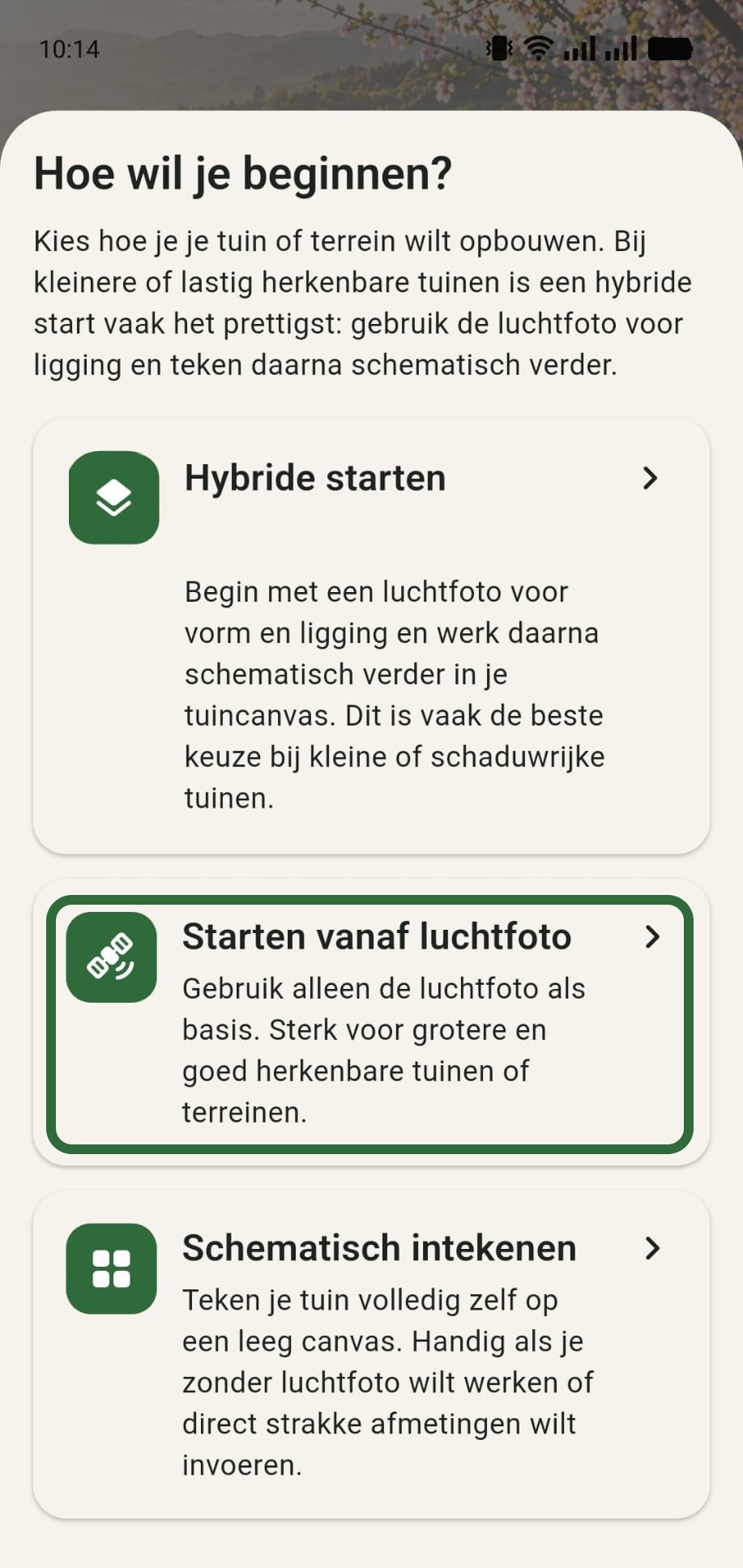 GreenPlot startkeuze met hybride, luchtfoto en schematisch starten