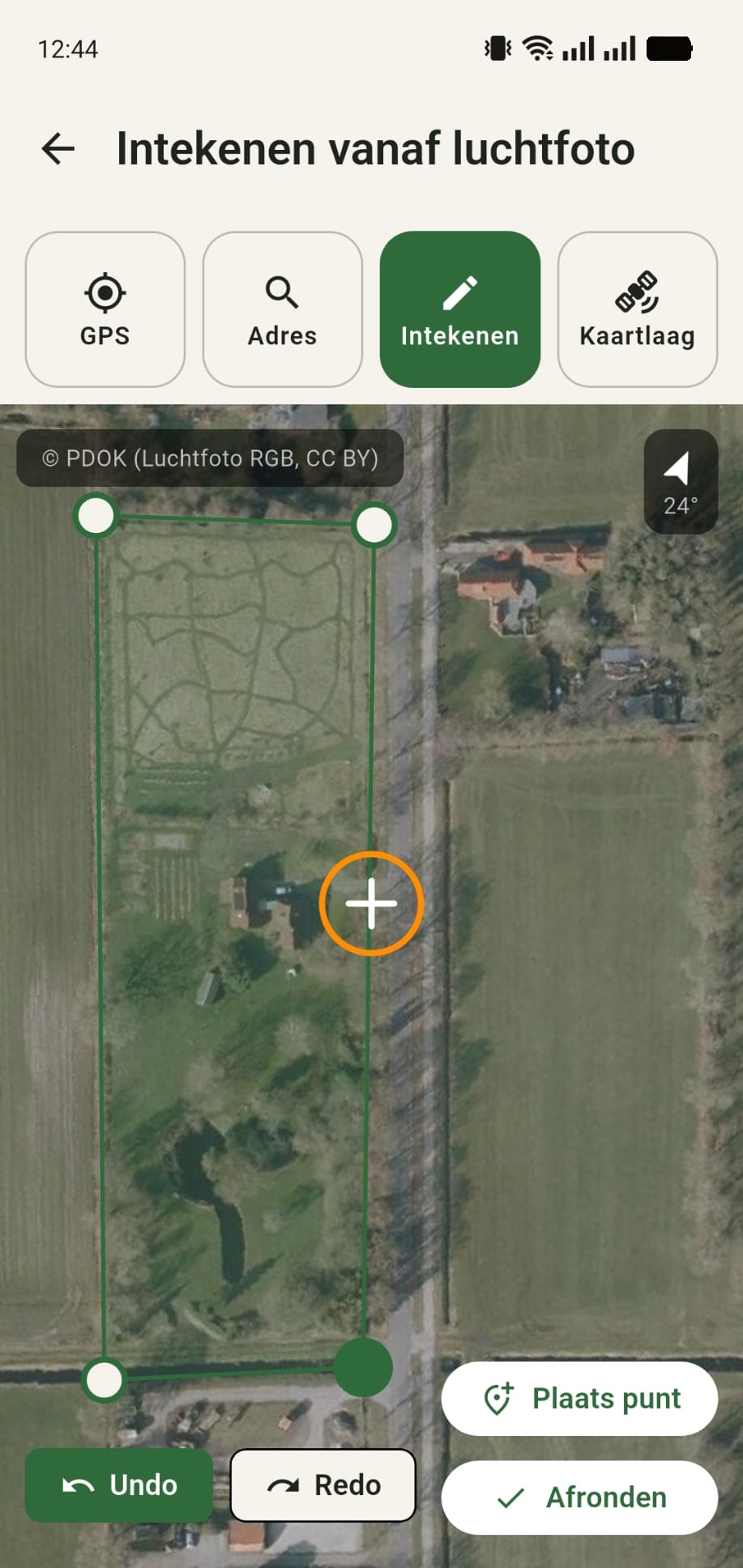 PDOK-luchtfoto met vier ingetekende hoekpunten van het erf