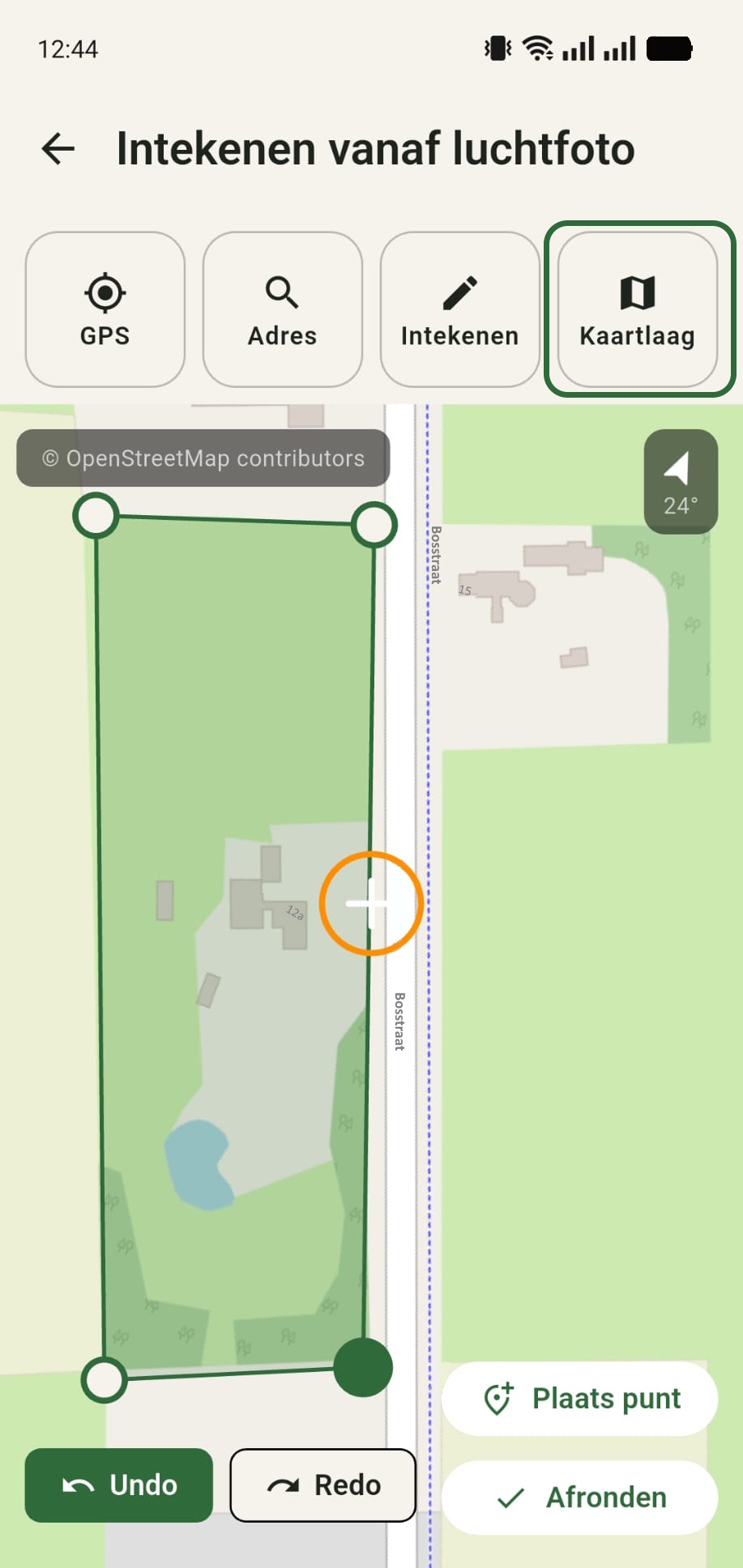 OpenStreetMap-kaartlaag in GreenPlot met straatnamen en huisnummers voor oriëntatie