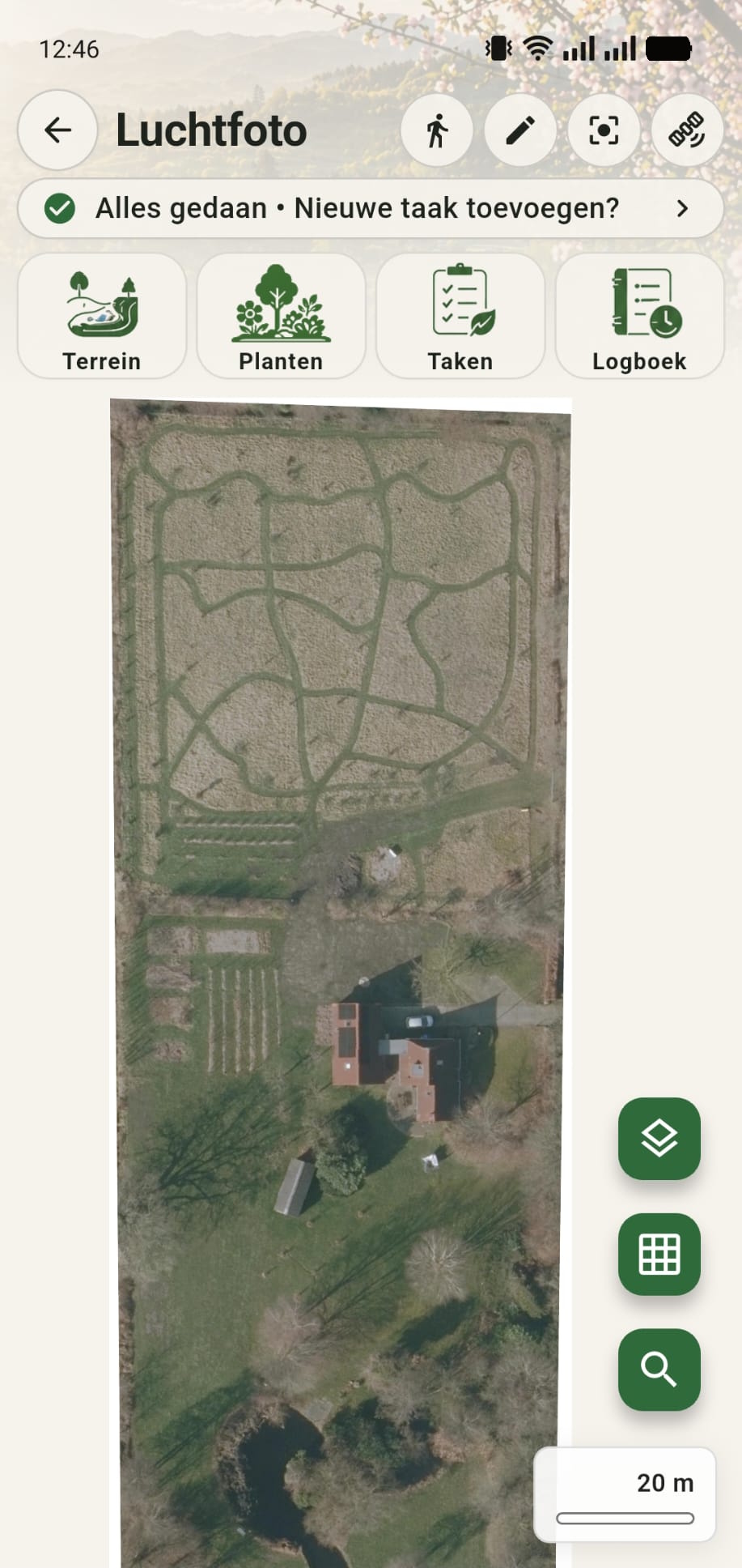 Eindresultaat van een GreenPlot-terrein met luchtfotoachtergrond