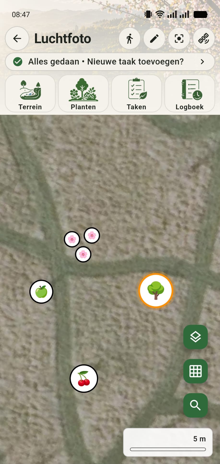 Actieve plant in GreenPlot met oranje rand rond het geselecteerde boomicoon