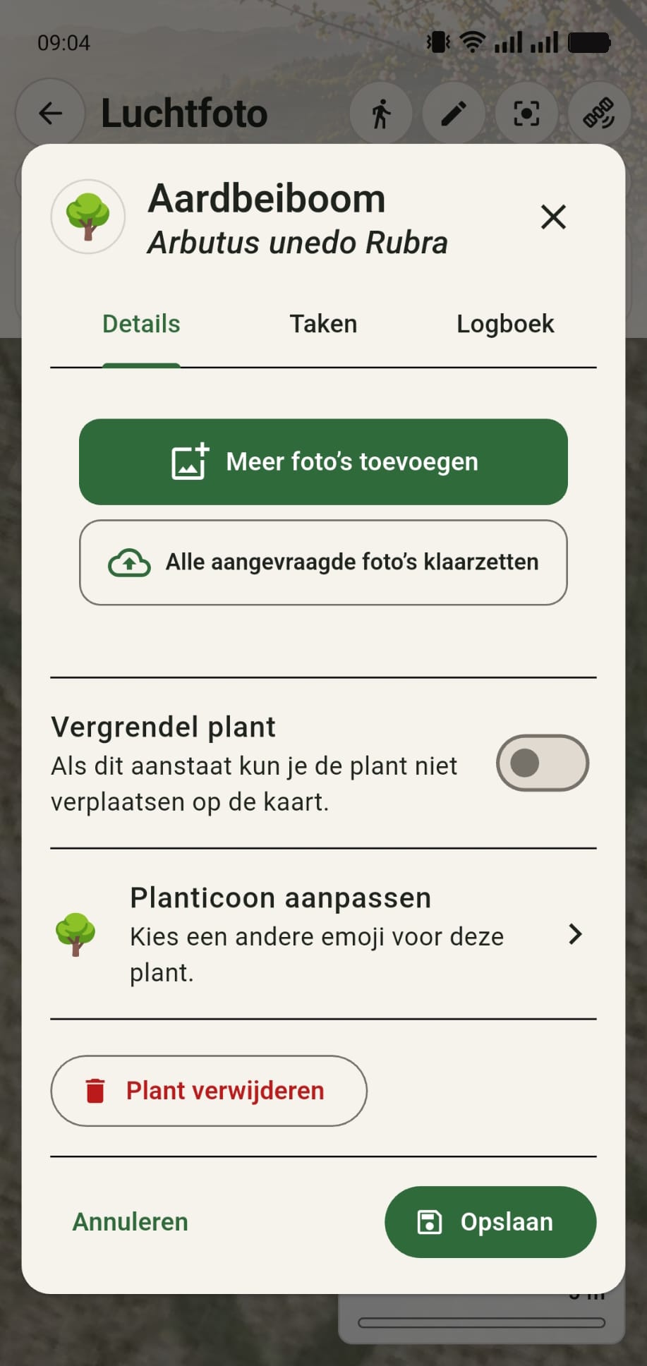 Onderzijde van het GreenPlot plantdetailsmenu met opties voor foto’s toevoegen, plant vergrendelen, icoon aanpassen en plant verwijderen