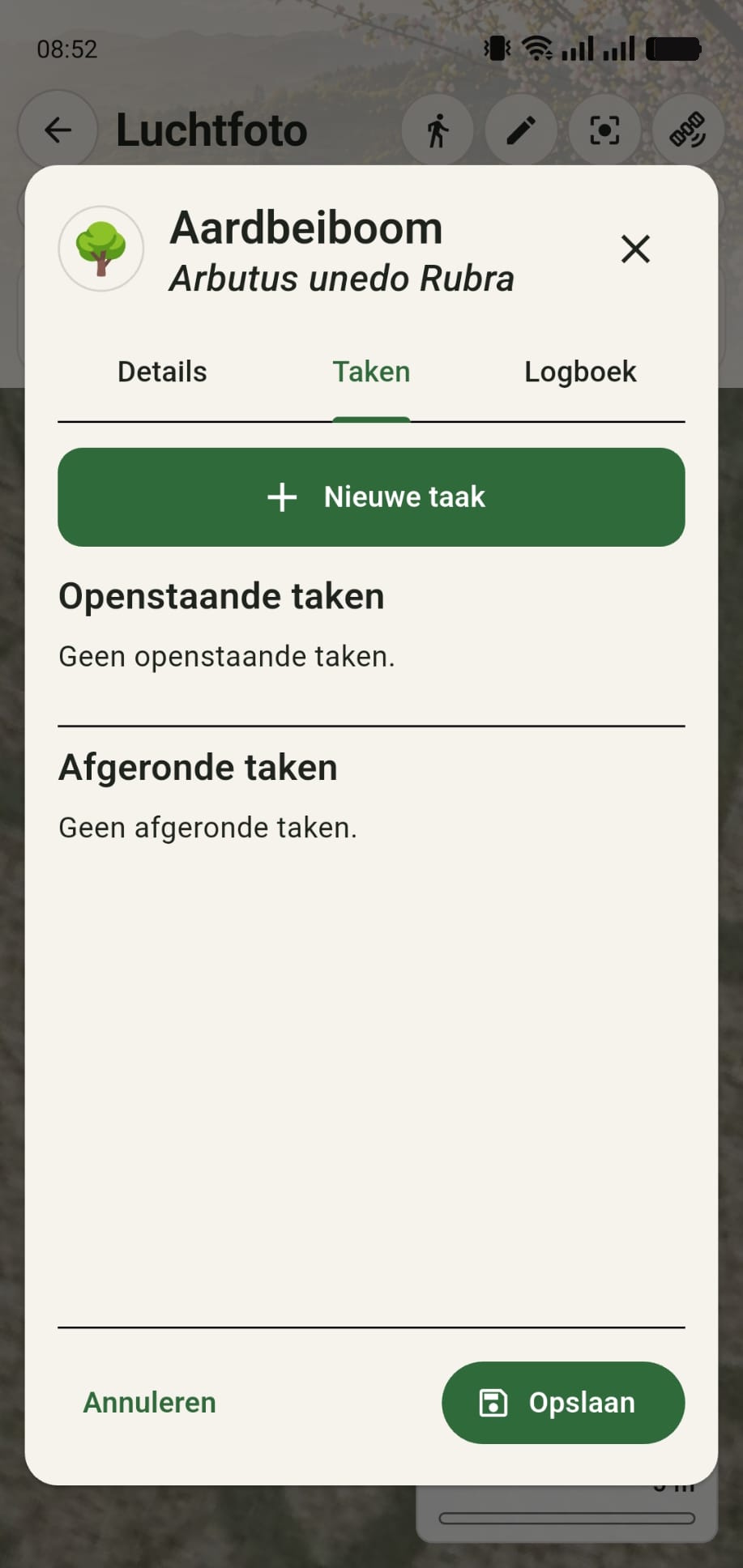 GreenPlot plantdetails met het tabblad Taken waar nog geen taken aan de plant zijn gekoppeld