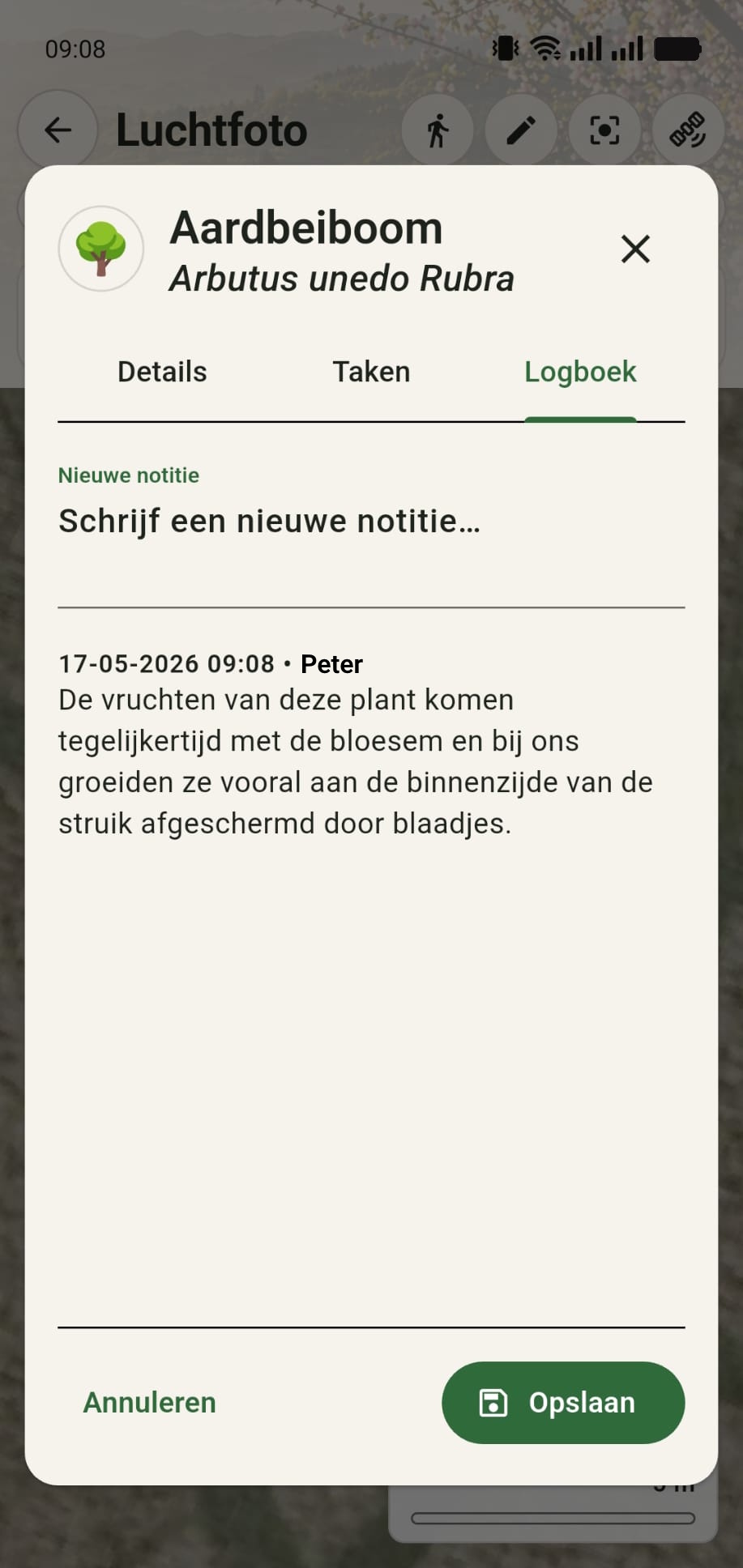 GreenPlot plantdetails met het tabblad Logboek voor notities bij een plant