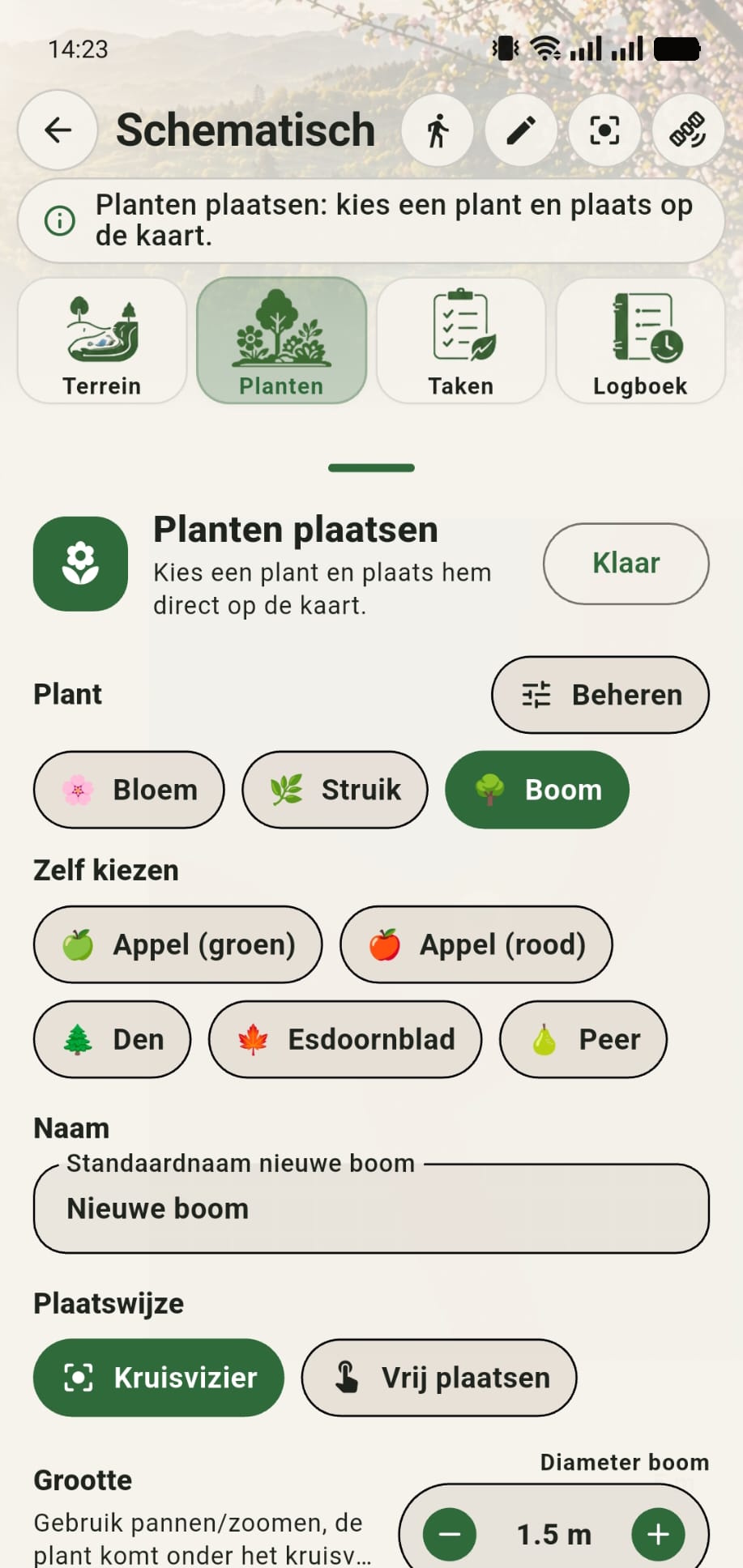 GreenPlot instellingenmenu met de knop Beheren voor eigen icoontjes