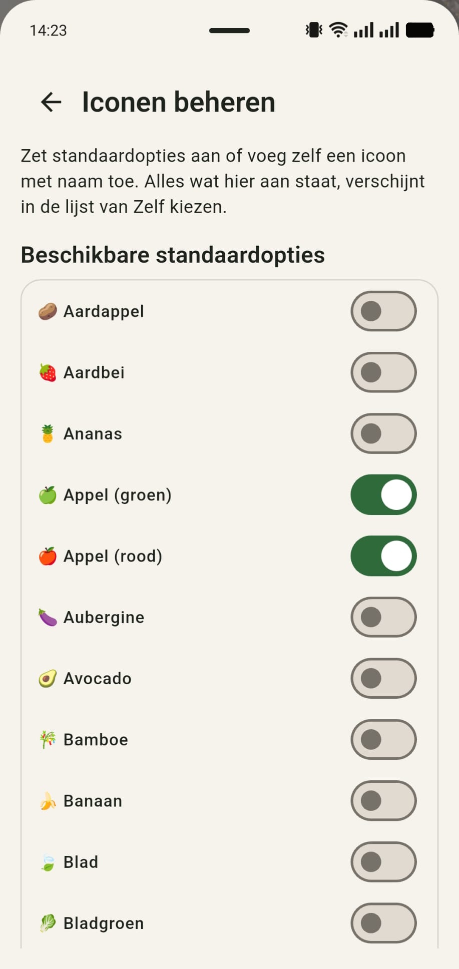 GreenPlot scherm eigen icoontjes met Appel (groen) en Appel (rood) ingeschakeld