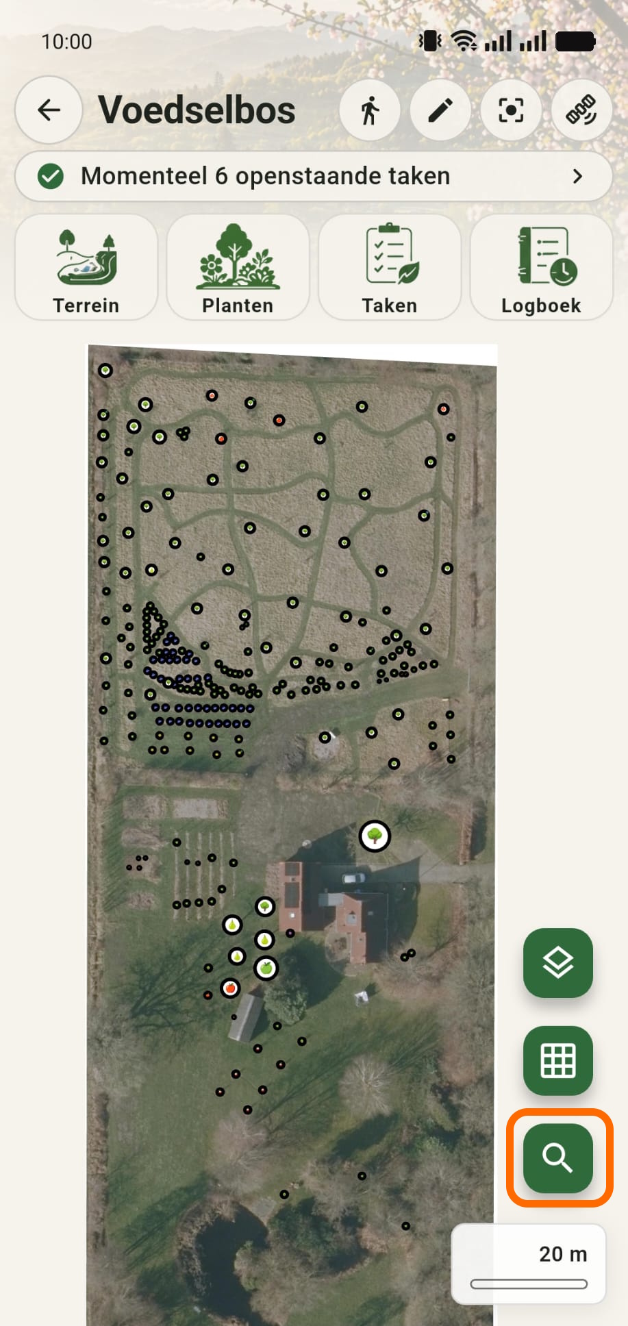 GreenPlot luchtfoto van een voedselbos met planten op de kaart en de zoekknop rechtsonder gemarkeerd