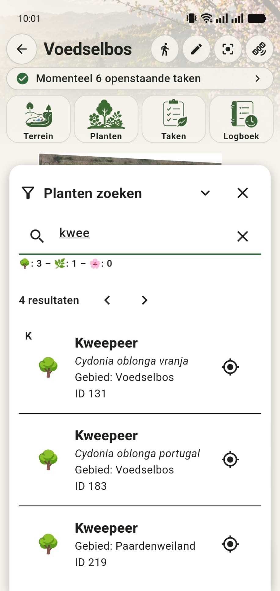 GreenPlot zoekvenster met de zoekopdracht kwee en gedeeltelijke matches in de resultatenlijst