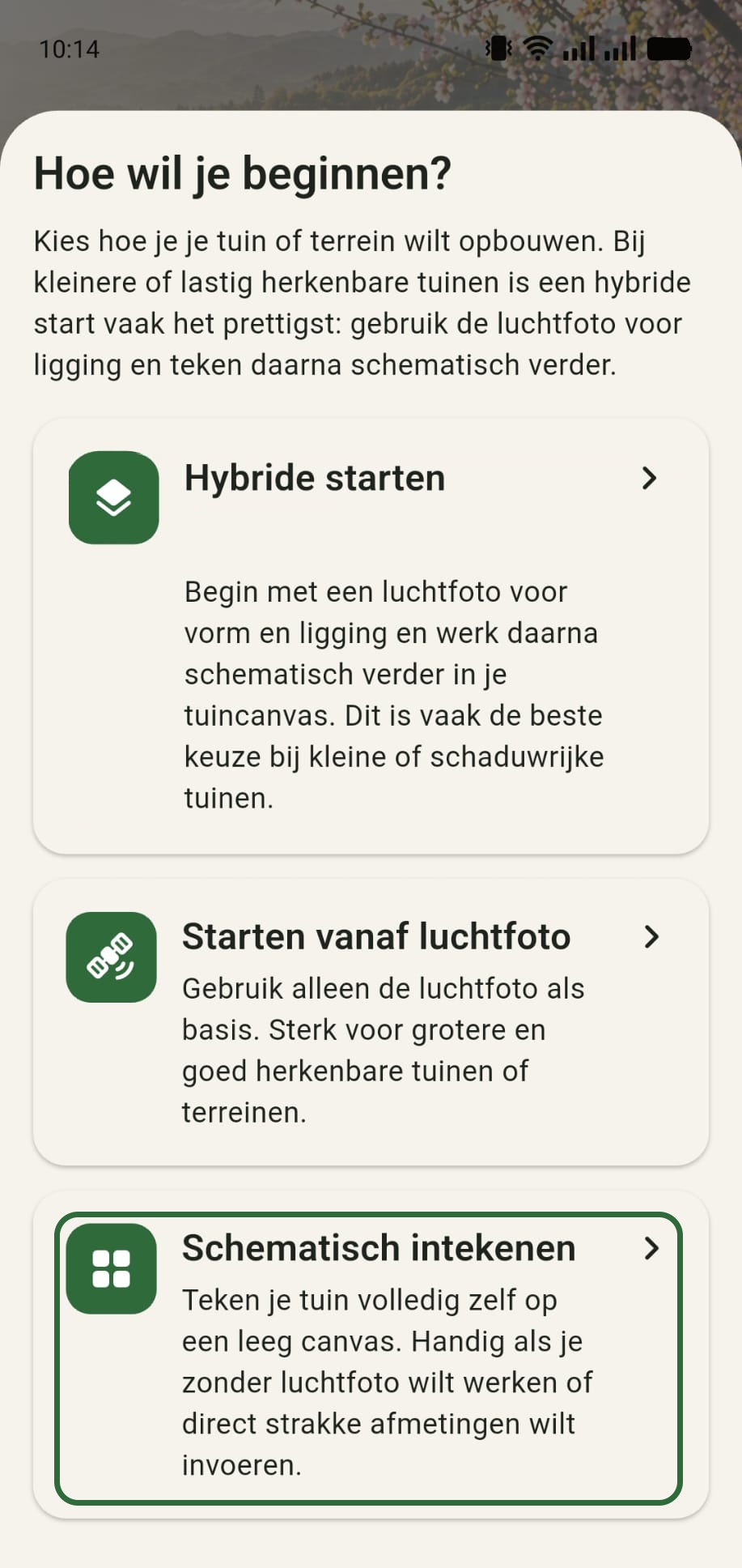 GreenPlot startkeuze met de optie om schematisch te starten