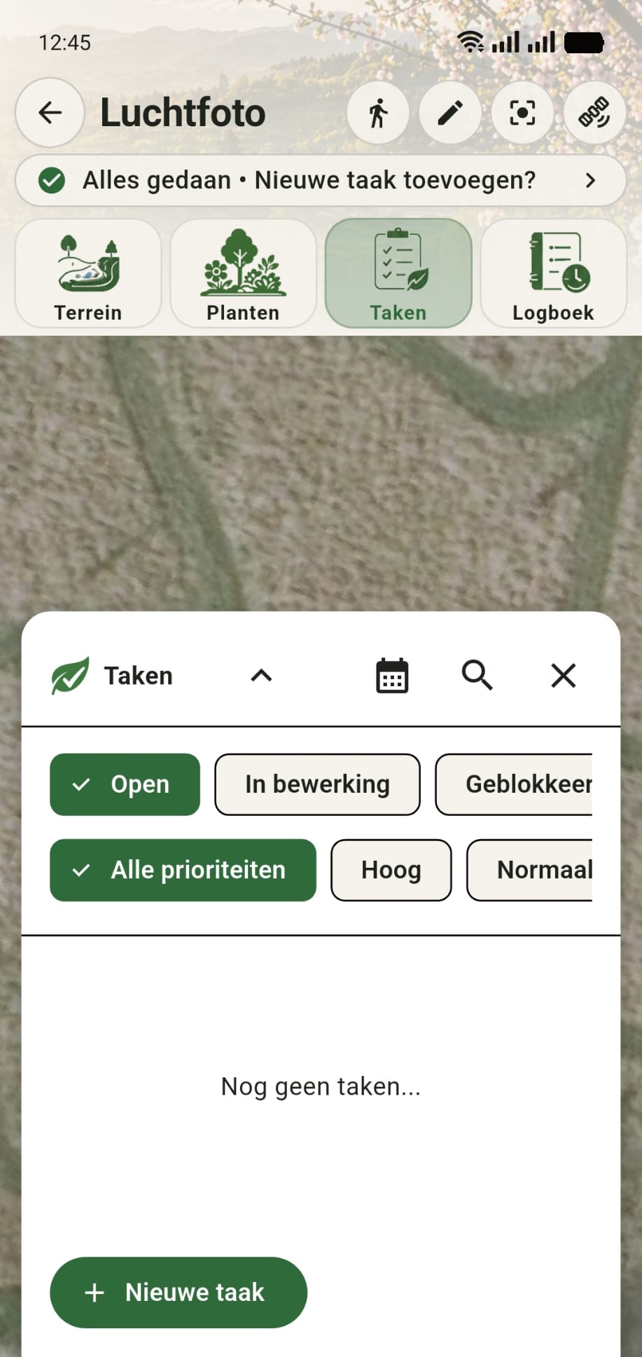 GreenPlot canvas met het takenmenu geopend en de knop Nieuwe taak linksonder