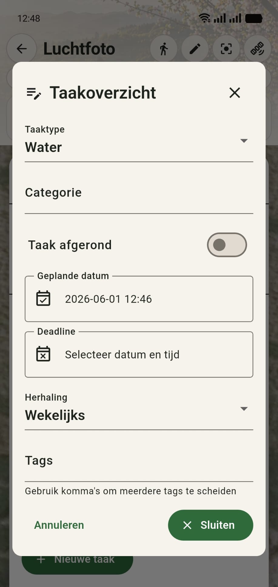 GreenPlot taakplanning met geplande datum 01-06-2026 en wekelijkse herhaling