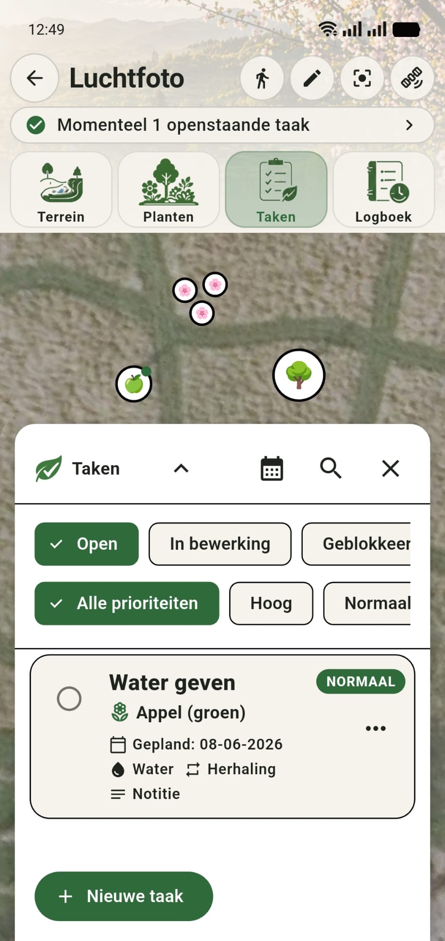 GreenPlot takenmenu waarin de afgeronde taak opnieuw is aangemaakt voor 08-06-2026