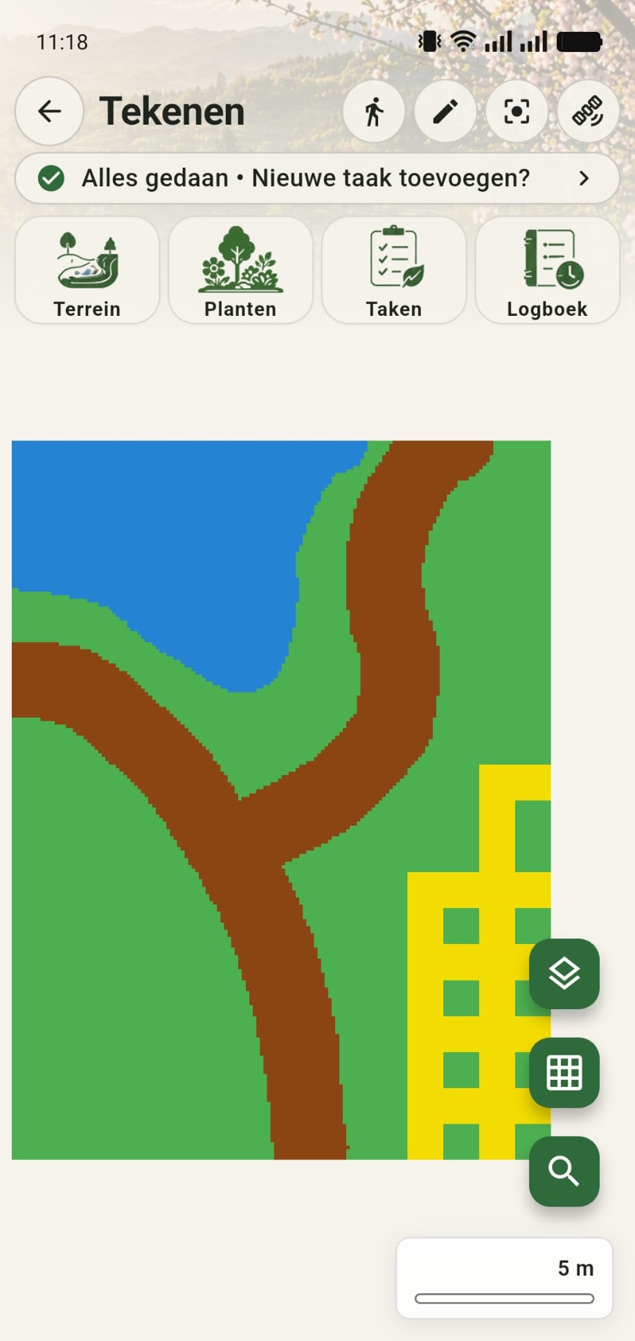GreenPlot canvas met getekend gras, paden, water en eigen kleuren zonder raster