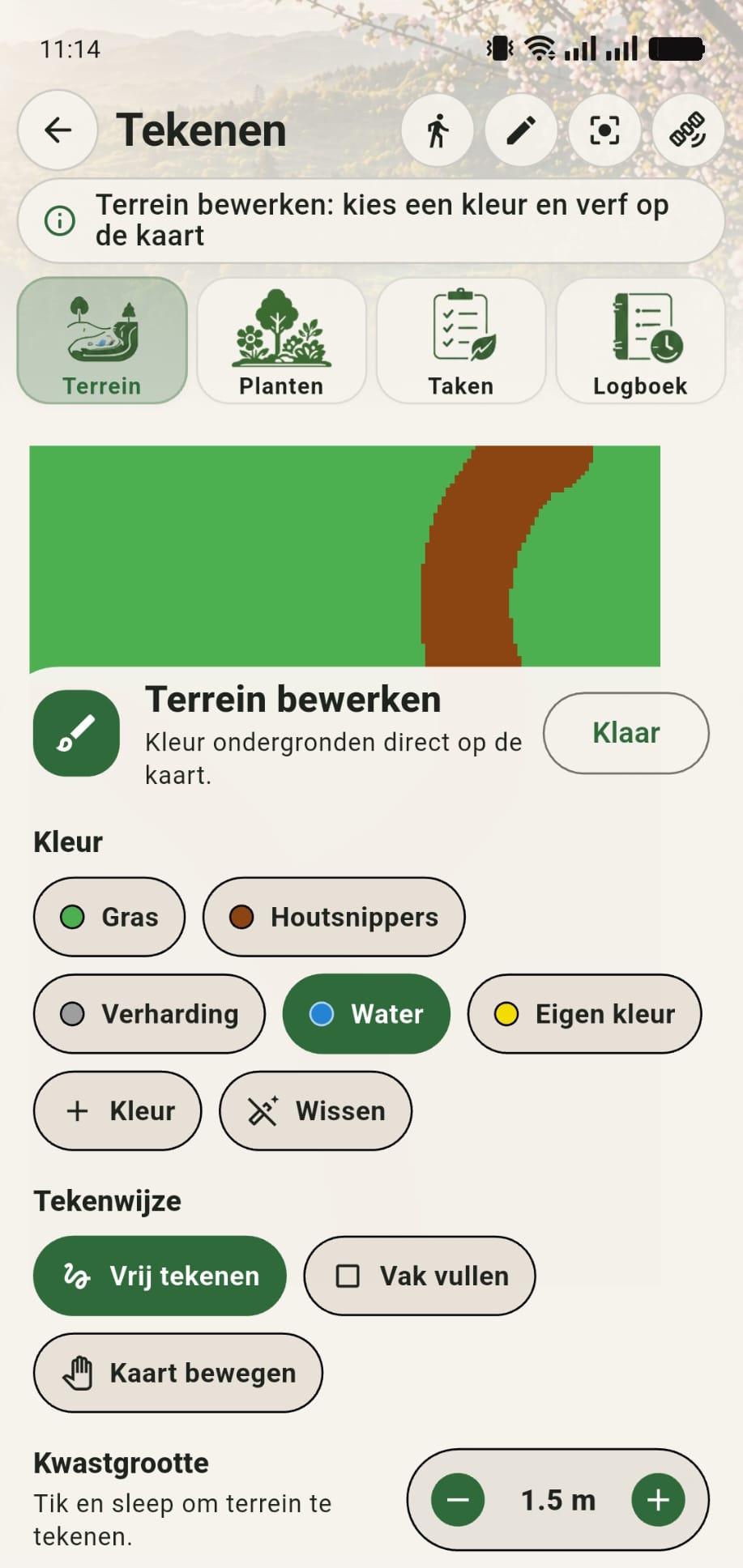 GreenPlot terreininstellingen waarin blauw water wordt gekozen