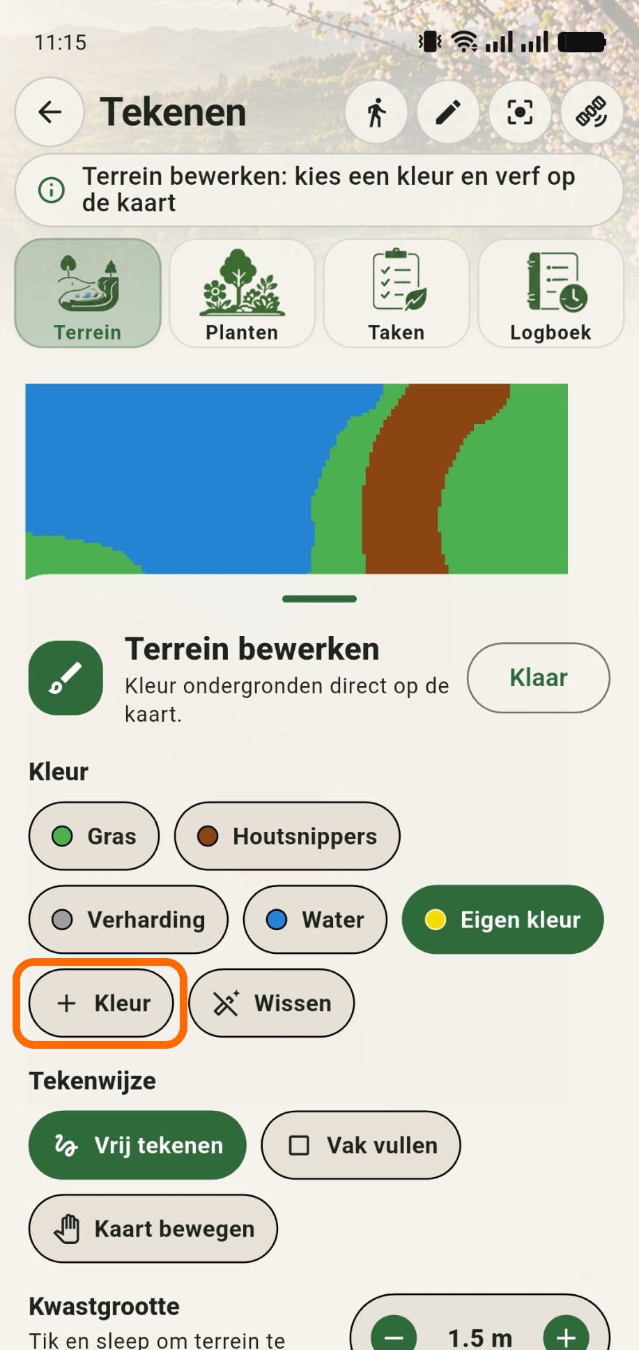 GreenPlot terreininstellingen met de knop plus kleur gemarkeerd