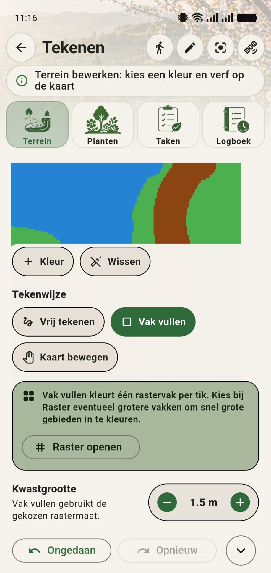 GreenPlot instellingenmenu waarin de tekenwijze vak vullen wordt geactiveerd