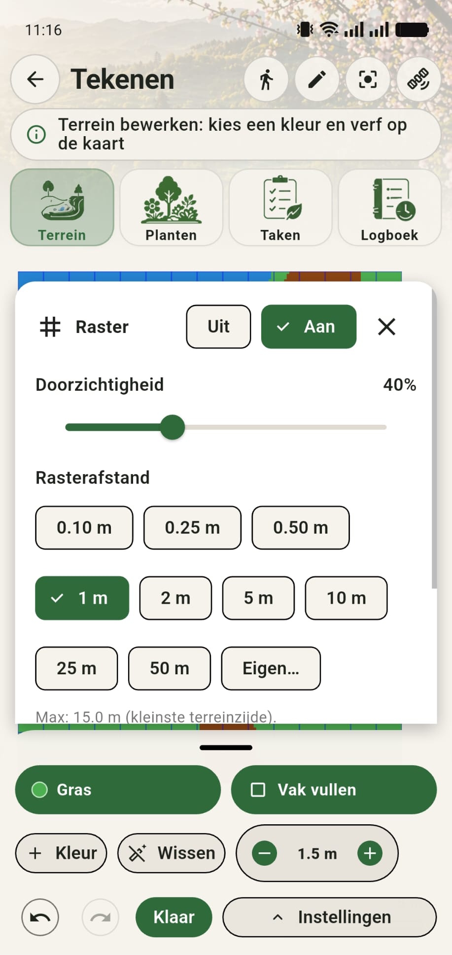 GreenPlot rastermenu waarin raster aan staat met rasterafstand van 1 meter