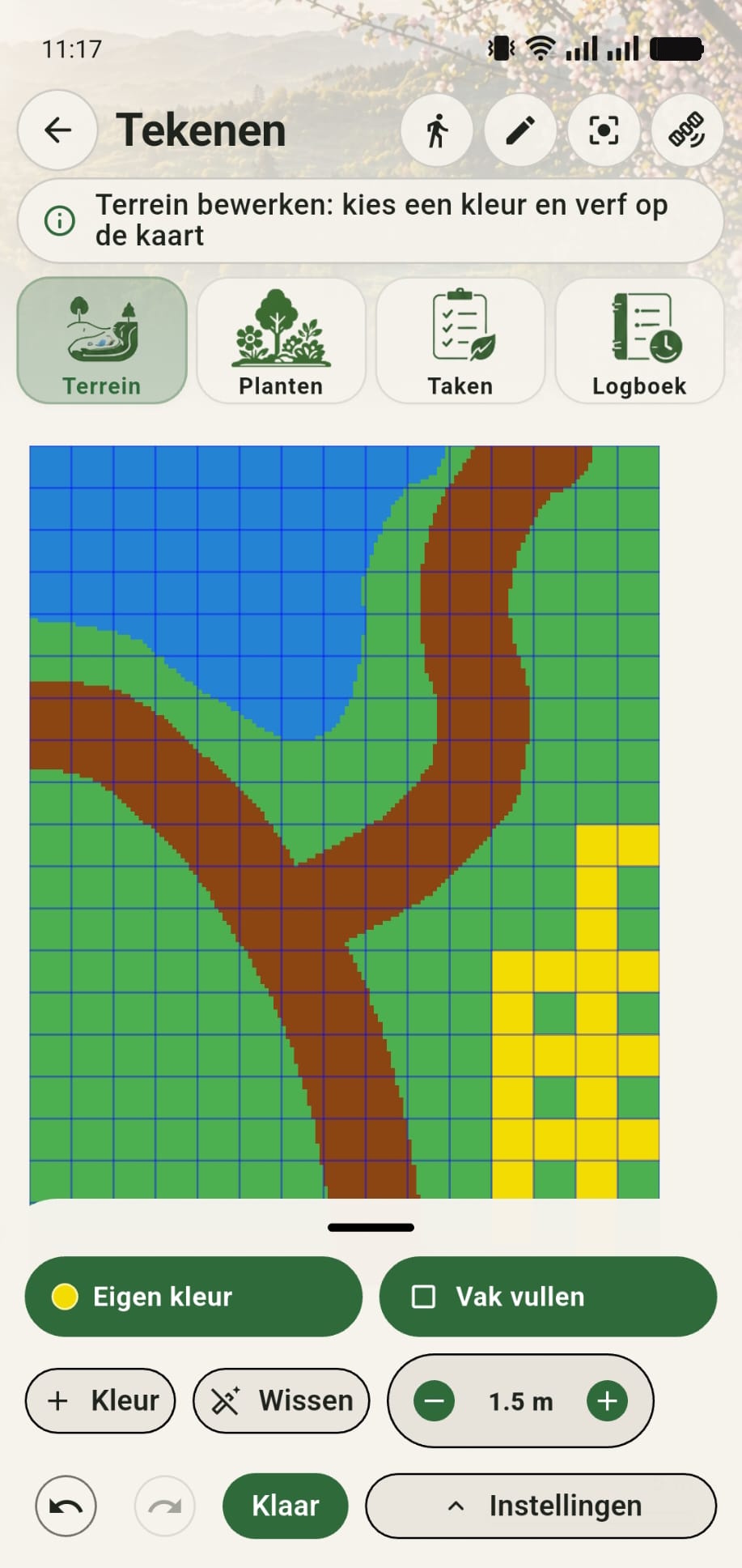 GreenPlot canvas waarop met vak vullen rechte gele lijnen en vakjes zijn gemaakt