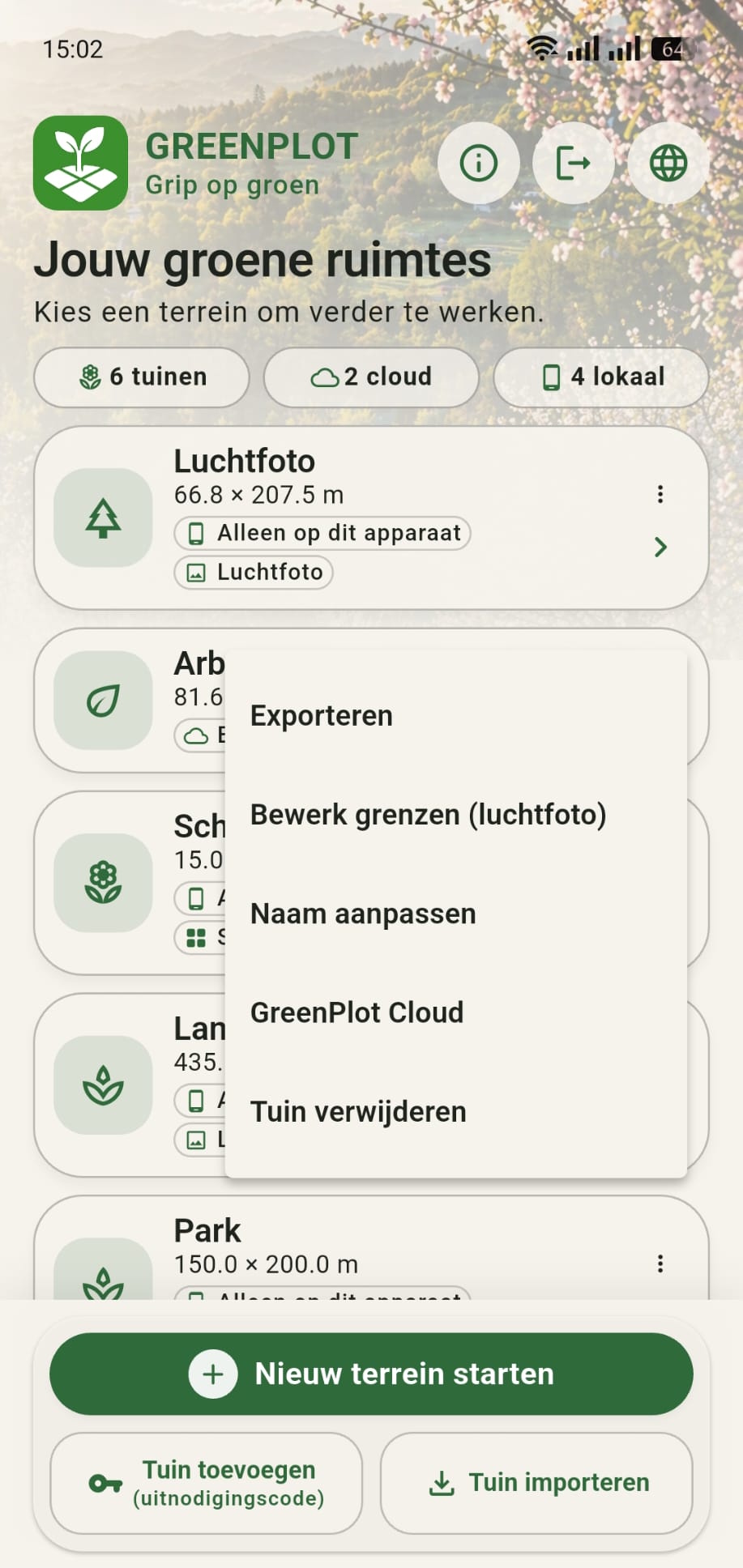 GreenPlot homescreen met tuintegelmenu en de knop Exporteren gemarkeerd