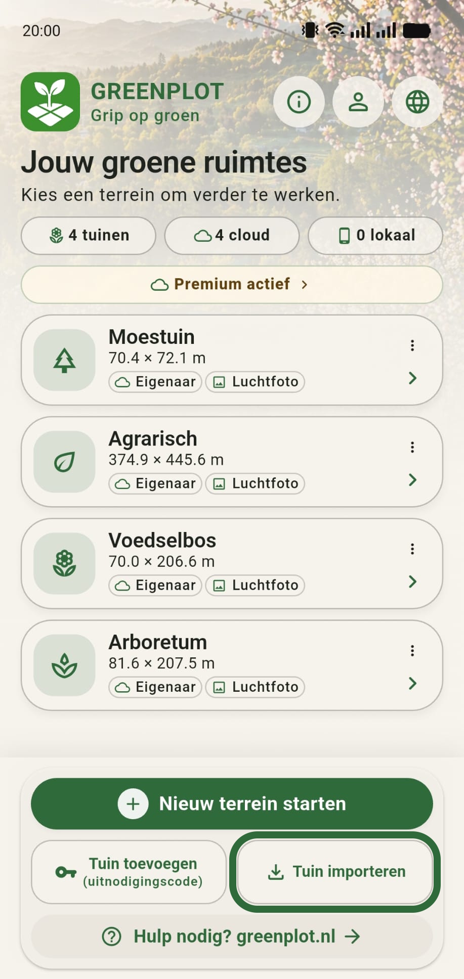 GreenPlot homescreen met de knop Tuin importeren gemarkeerd
