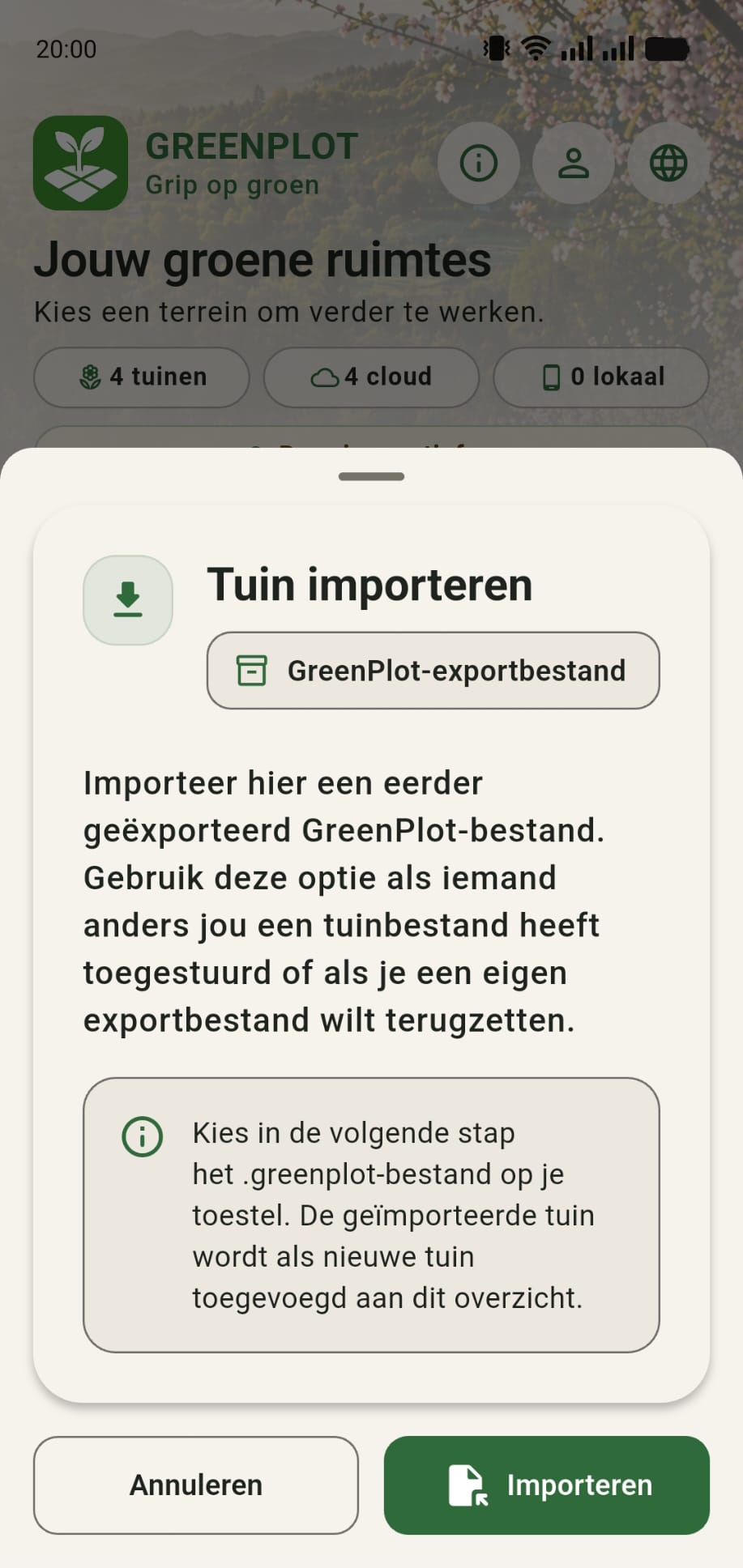 GreenPlot importmenu voor een bestaande tuin