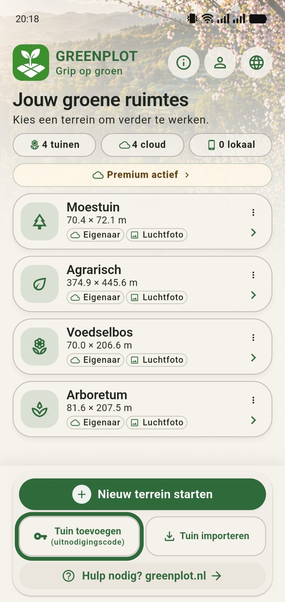 GreenPlot homescreen met de knop Tuin toevoegen uitnodigingscode gemarkeerd
