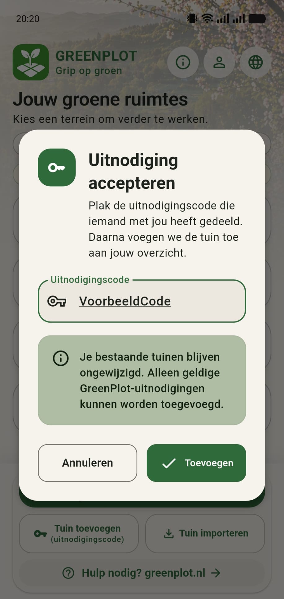 Scherm Uitnodiging accepteren met een voorbeeldcode ingevuld