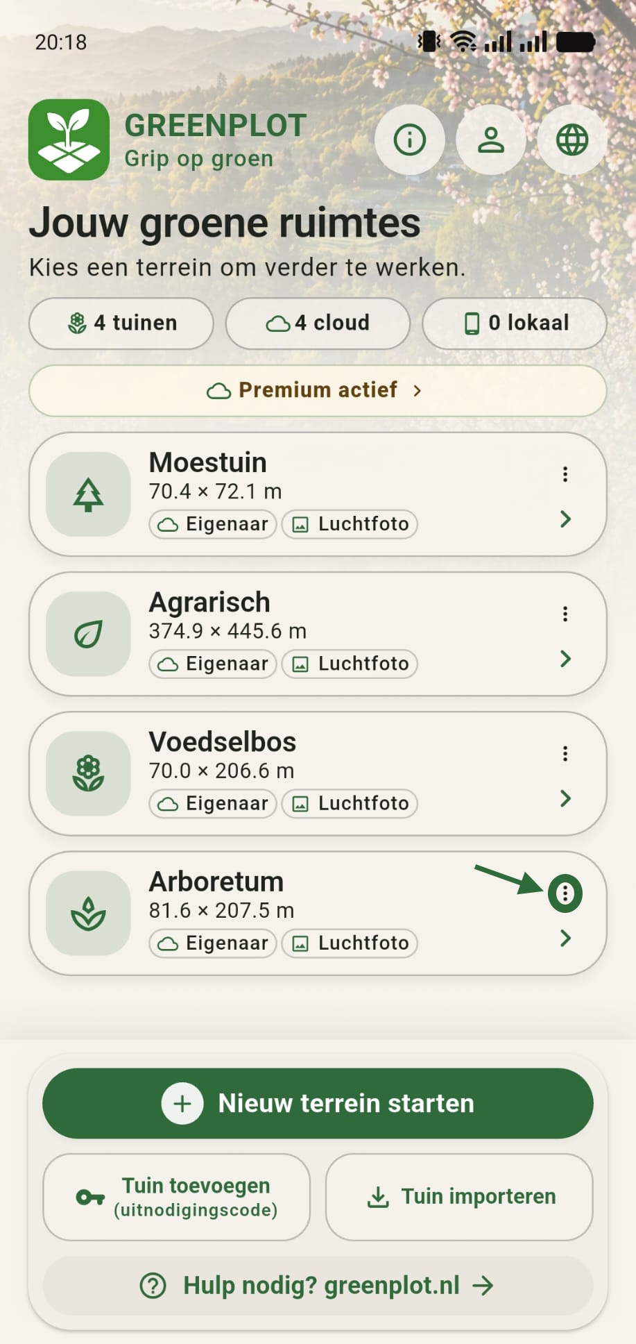 GreenPlot homescreen met de drie puntjes op de tuinkaart gemarkeerd