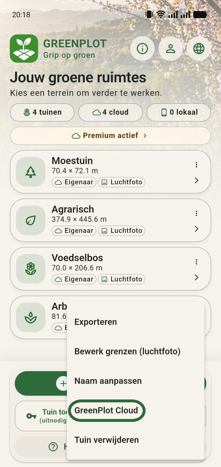 Menu met GreenPlot Cloud gemarkeerd in de extra opties van een tuin
