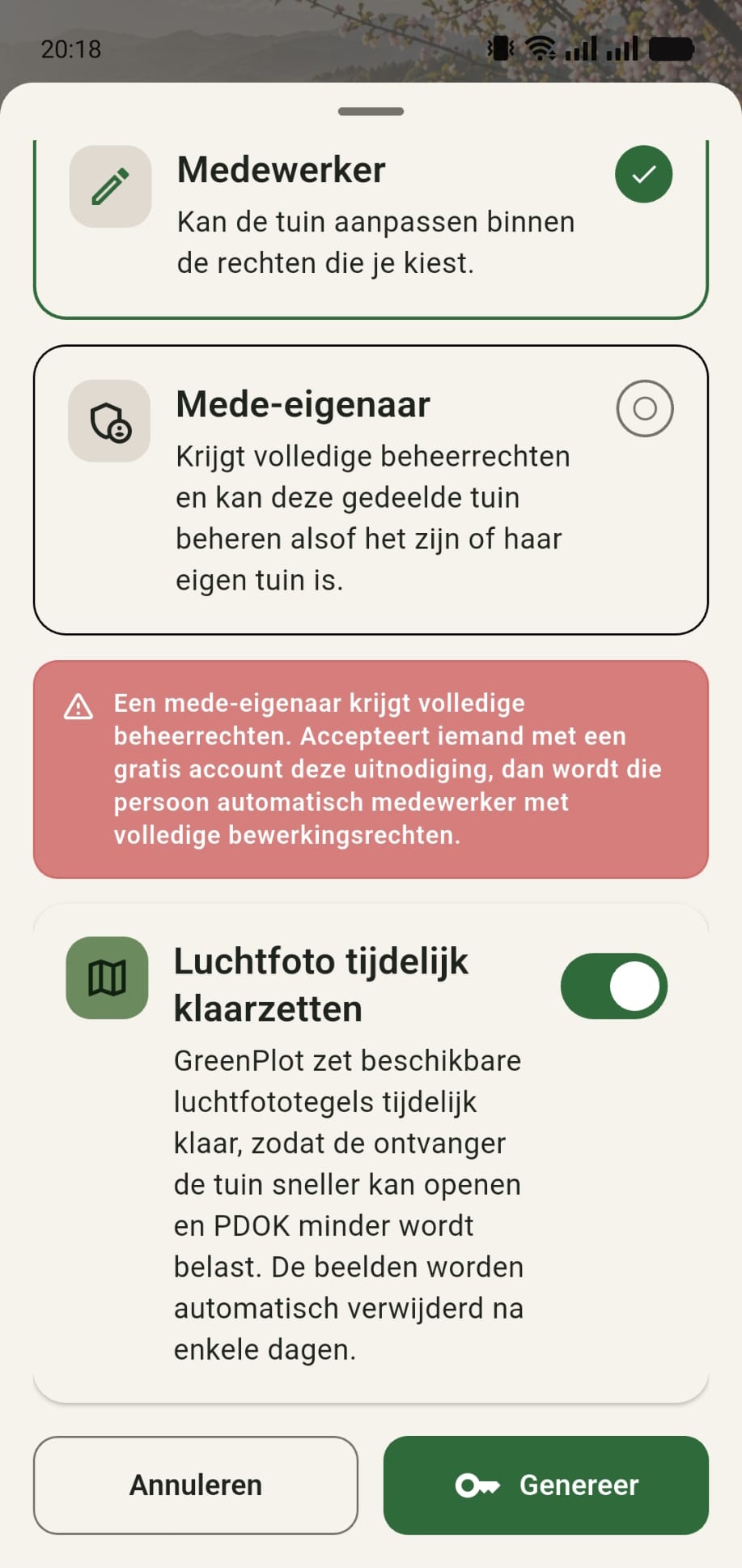 Bevestigingsscherm voor uitnodigen met melding dat de luchtfoto tijdelijk wordt klaargezet